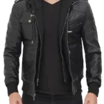 Edinburgh Men's Black Bomber Leather Jacket With Hood