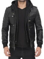 Edinburgh Men's Black Bomber Leather Jacket With Hood