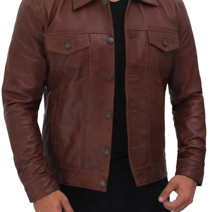 Fernando Real Leather Brown Trucker Jacket Mens