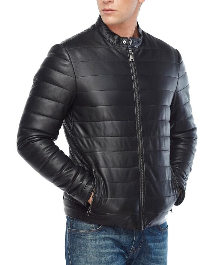 genuine black leather mens puffer jacket Rare-Leather