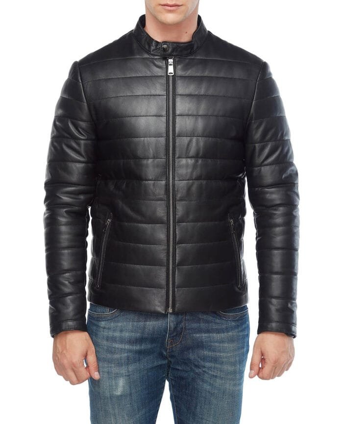 genuine black leather mens puffer jacket Rare-Leather