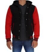 hooded letterman jacket Salerno Baseball Hooded Red and Black Varsity Jacket