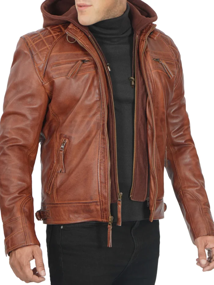 johnson mens tan hooded leather jacket 2