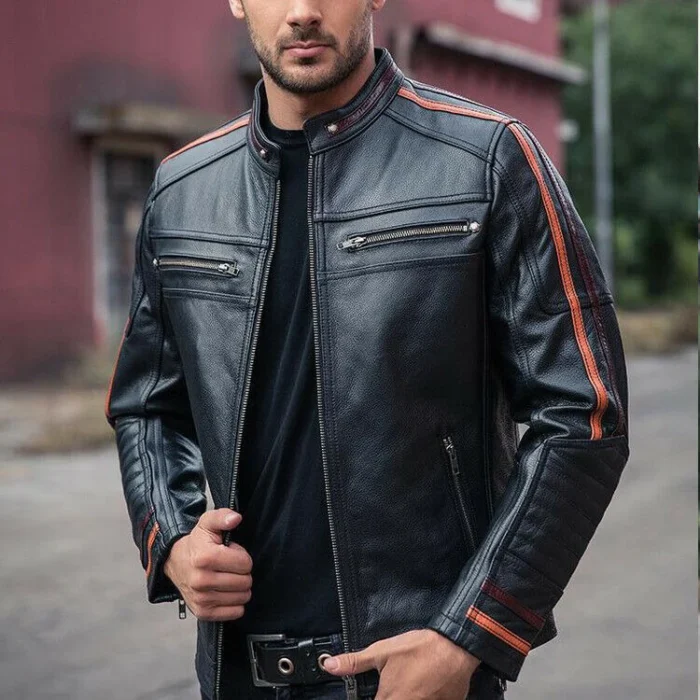 Men's Black Lambskin Cafe Racer Retro Slim Fit Biker Leather Motorcycle Jacket