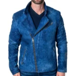 Men's Blue Suede Leather Jacket - Rare-Leather