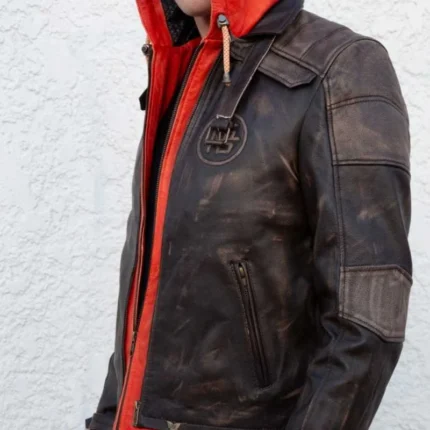 Mens Goku Orange Hood Brown Leather Jacket