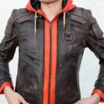 Mens Goku Orange Hood Brown Leather Jacket