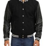 Black Varsity Jacket With Leather Sleeves