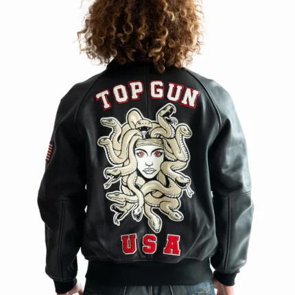 top gun medusa classic black leather bomber jacket Rare-Leather