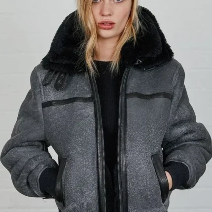 Women B3 Shearling Grey Distressed Leather Jacket