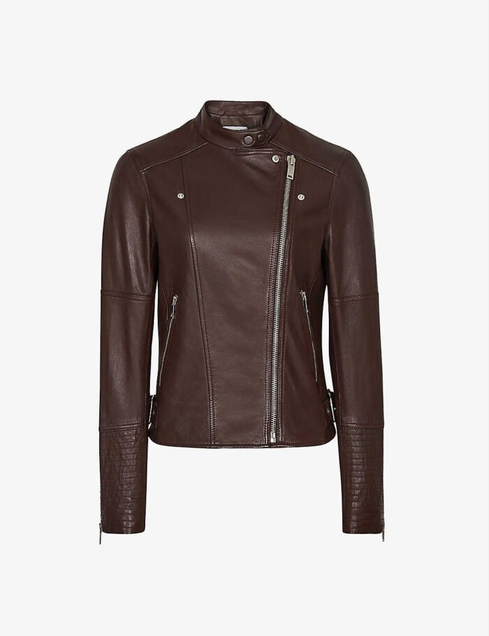 womens chocolate brown leather biker jacket 2