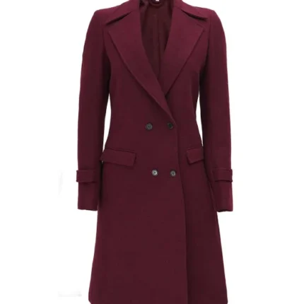 Women's Double Breasted Maroon Wool Long Coat