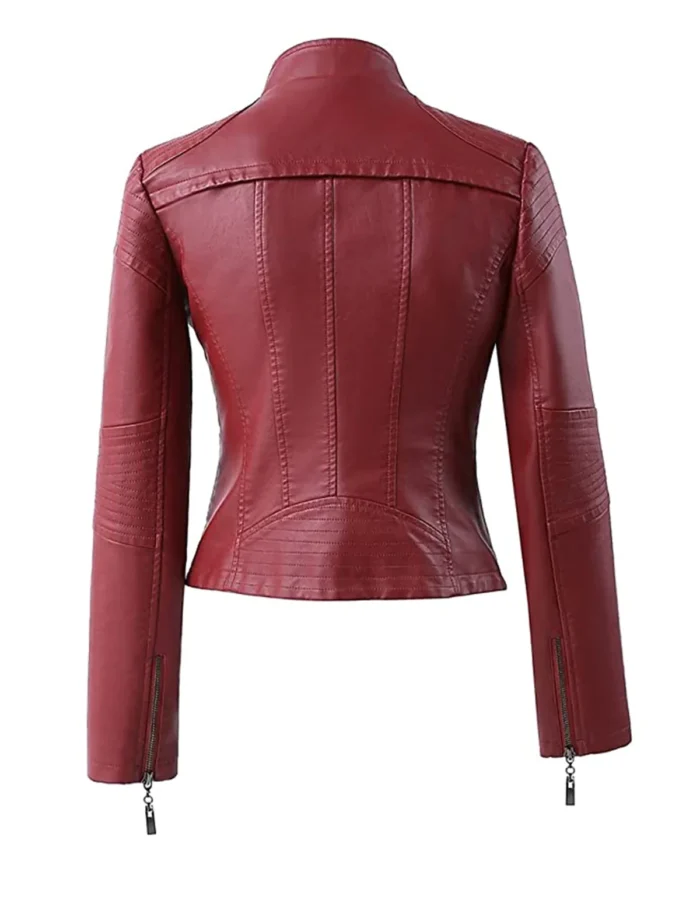 womens maroon biker motorcycle leather jacket 1