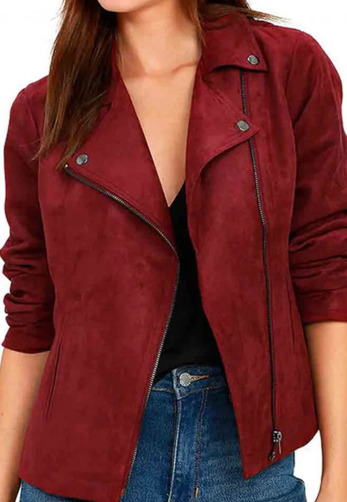 womens red suede leather biker jacket