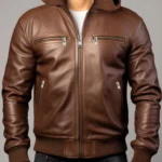 Men Michael Clark Brown Leather Hooded Jacket