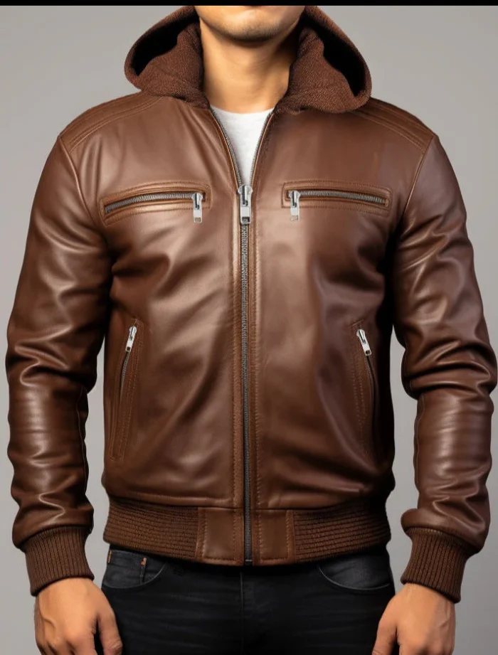 Men Michael Clark Brown Leather Hooded Jacket