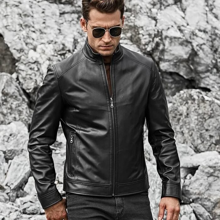 Men’s Real Black Leather Jacket with Short Standing Collar RARE-LEATHER