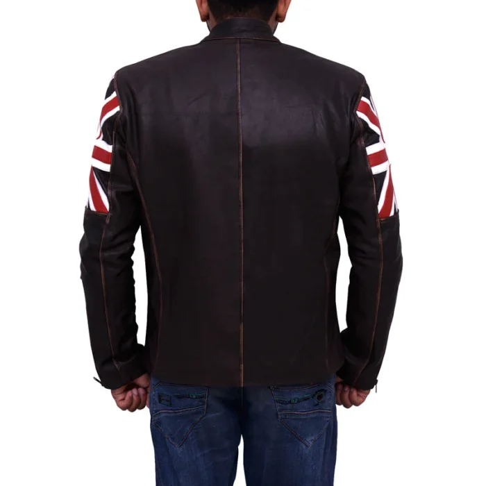 Mens Brown England Flag Biker Leather Jacket 2