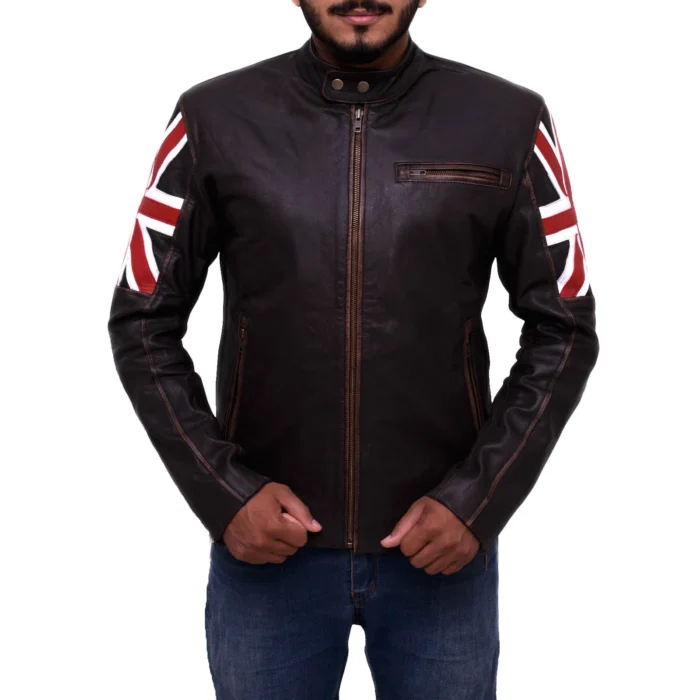 Mens Brown England Flag Biker Leather Jacket 3