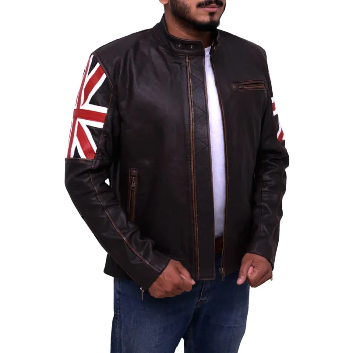 Mens Brown England Flag Biker Leather Jacket 4