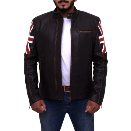 Men's Brown England Flag Biker Leather Jacket