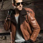 Men's Brown Faux Shearling Sheepskin Leather Jacket