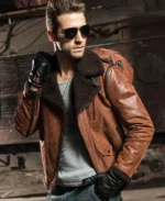 Men’s brown faux shearling sheepskin leather jacket