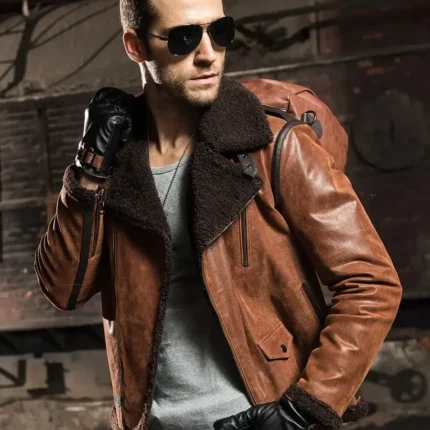 Men’s brown faux shearling sheepskin leather jacket