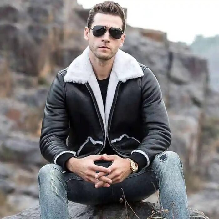 Mens Black Leather Shearling Bomber Jacket Rare-Leather