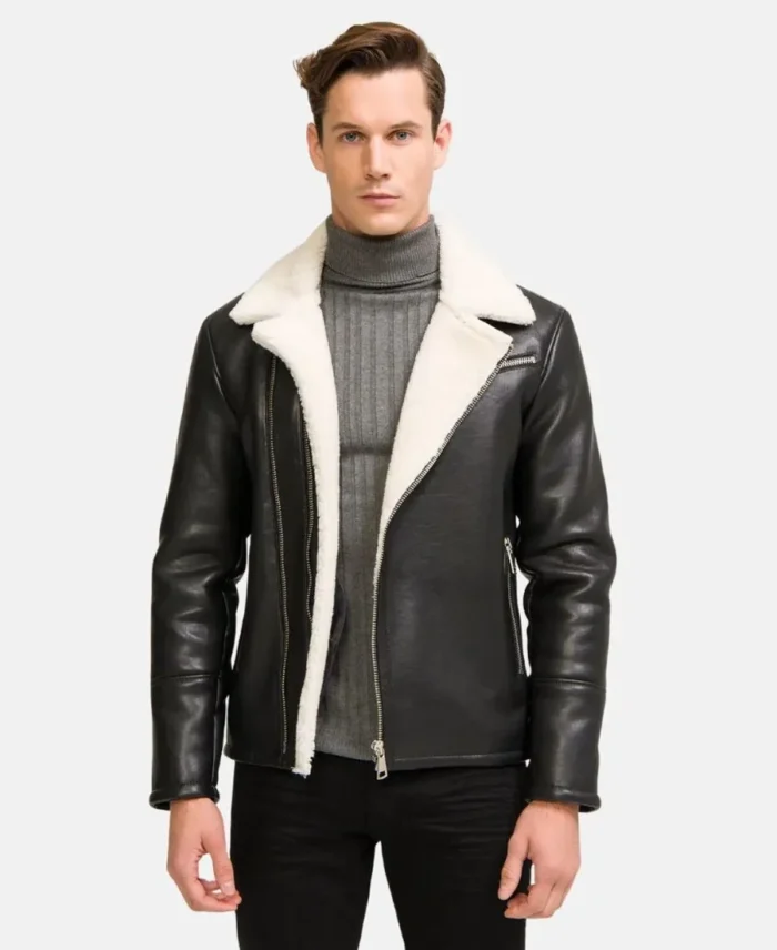 Moto style real shearling leather jacket