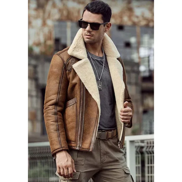 Men’s Tan Brown Leather Shearling Jacket