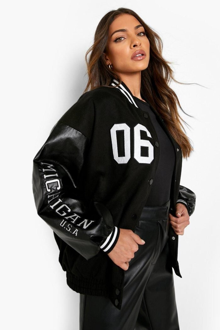 female black oversized michigan varsity bomber jacket 2