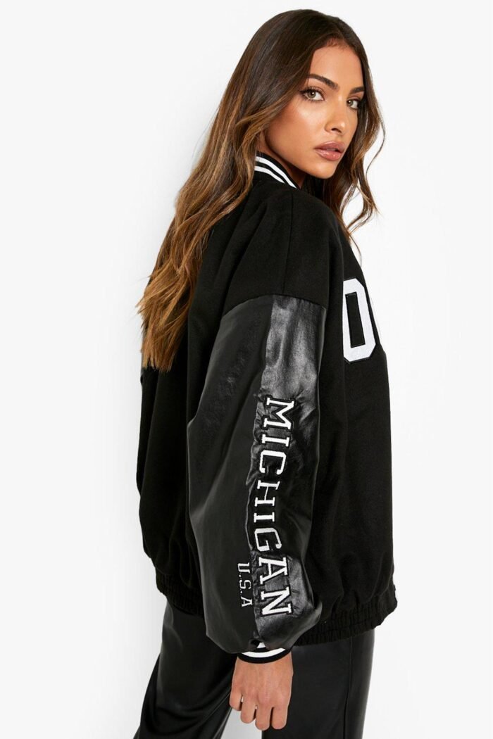 female black oversized michigan varsity bomber jacket