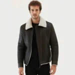 Men's Black Leather White Shearling Collar Jacket - Rare-Leather