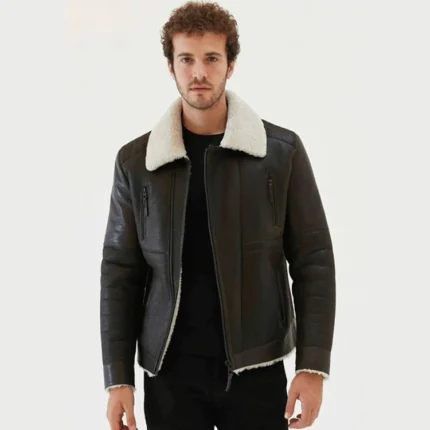 Men’s Black Leather White Shearling Collar Jacket