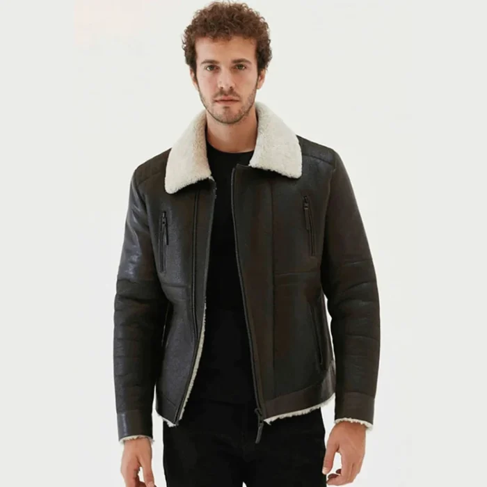 Men’s Black Leather White Shearling Collar Jacket