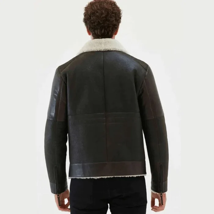 Men’s Black Leather White Shearling Collar Jacket