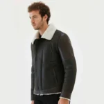 Men’s Black Leather White Shearling Collar Jacket