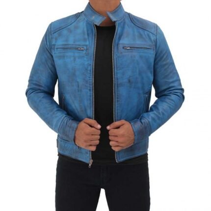 Men’s Dodge Sky Blue Biker Leather Jacket