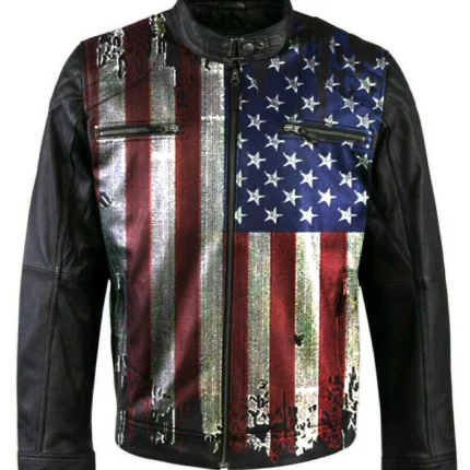 USA Flag Vintage Biker Black Leather Jacket