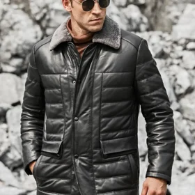 Boston Men's Black Leather Puffer Coat with Fur Collar