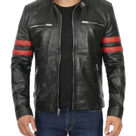 Hunter Men's Red Stripe Cafe Racer Leather Jacket