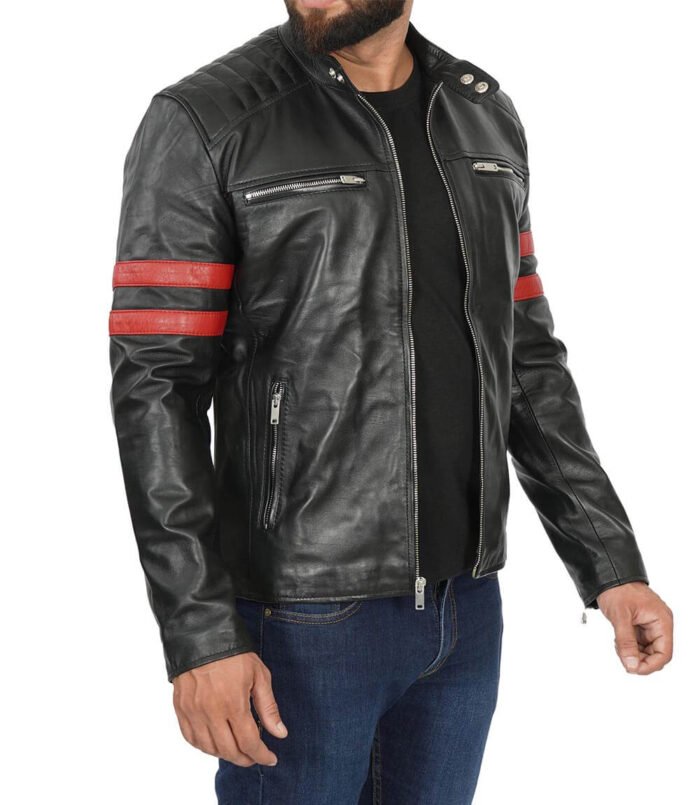 hunter mens red stripe cafe racer leather jacket rare leather 2