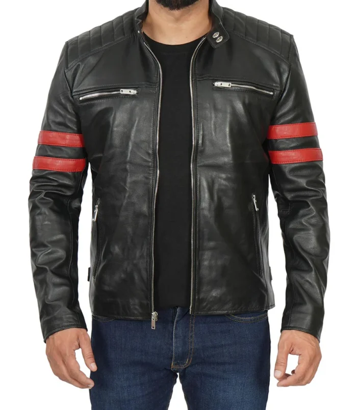 Hunter Men's Red Stripe Cafe Racer Leather Jacket