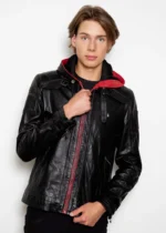 Men's Black & Red Hooded Leather Jacket