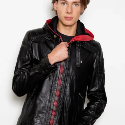 Men's Black & Red Hooded Leather Jacket