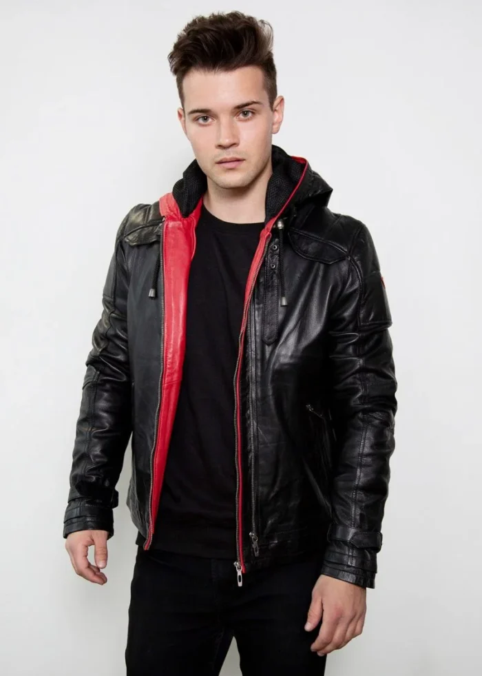 mens black red hooded leather jacket rare leather 2