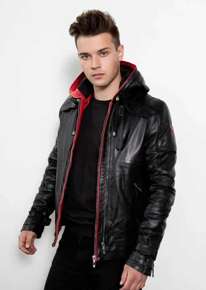 mens black red hooded leather jacket rare leather 3