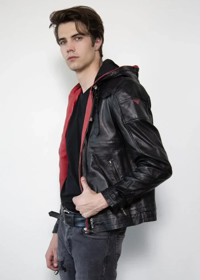 mens black red hooded leather jacket rare leather 5