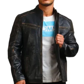 Moto Distressed Black Vintage Cowhide Leather Jacket